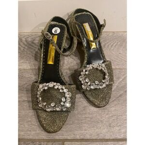 Rupert Sanderson Gold Glitter Crystal Buckle Block Heel Sandals Womens 37 US 6